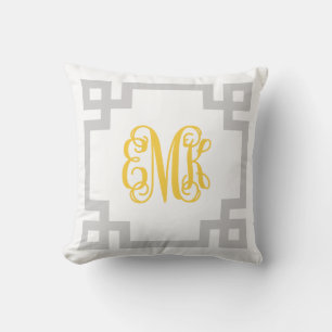 Grey and Yellow Greek Key Script Monogram Cushion