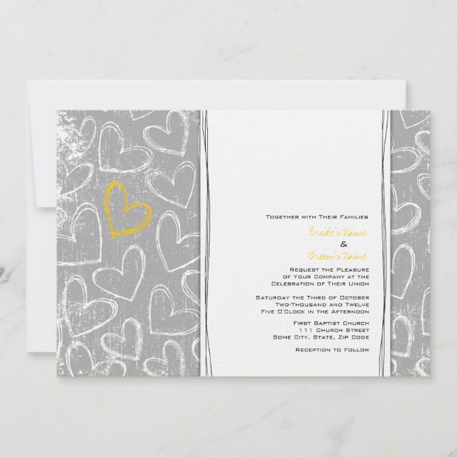 Grey and Yellow Grunge Hearts Wedding Invitations (Front)