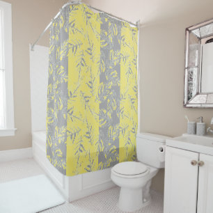 Grey and yellow leaves on a striped background. shower curtain