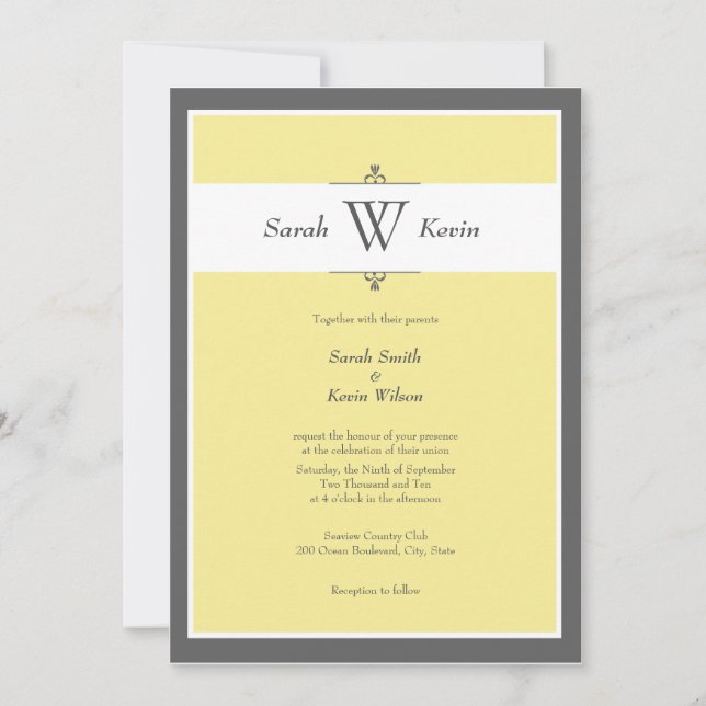 Grey and Yellow Monogram Wedding Invitations (Front)