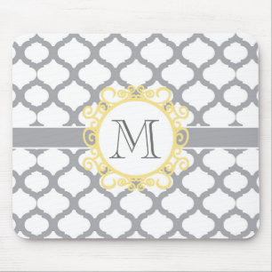 Grey and Yellow Moroccan Pattern with Monogram Mouse Mat