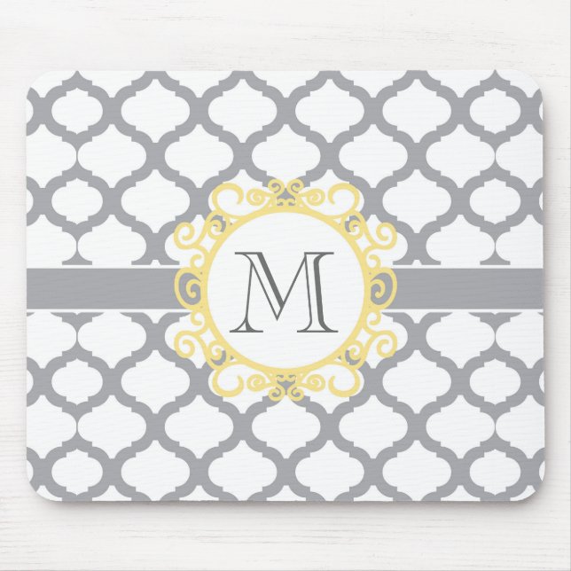 Grey and Yellow Moroccan Pattern with Monogram Mouse Mat (Front)