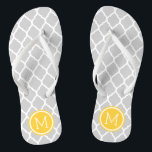 Grey and Yellow Moroccan Quatrefoil Monogram Flip Flops<br><div class="desc">Custom printed flip flop sandals with a stylish Moroccan quatrefoil pattern and your custom monogram or other text in a circle frame. Click Customise It to change text fonts and colours or add your own images to create a unique one of a kind design!</div>