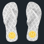 Grey and Yellow Moroccan Quatrefoil Monogram Flip Flops<br><div class="desc">Custom printed flip flop sandals with a stylish Moroccan quatrefoil pattern and your custom monogram or other text in a circle frame. Click Customise It to change text fonts and colours or add your own images to create a unique one of a kind design!</div>
