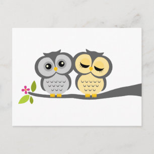 Grey and Yellow Owls Wedding Invitation Postcard