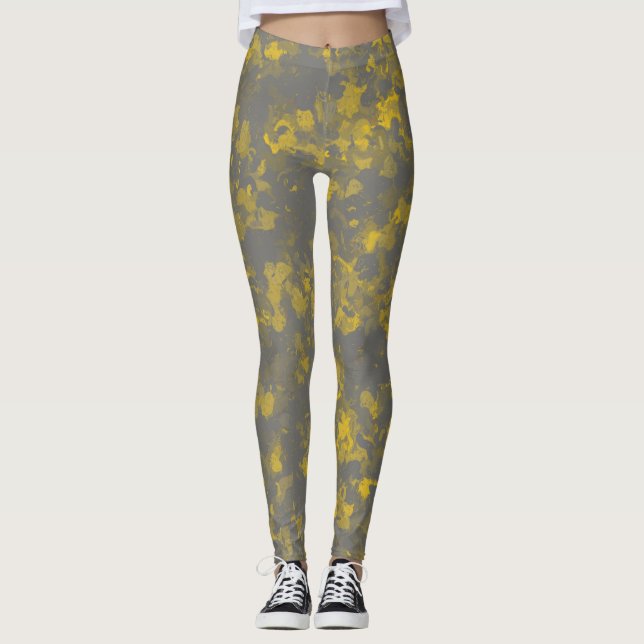 Grey and Yellow Paint Splashes Leggings (Front)