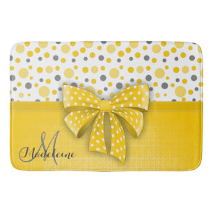 Grey and Yellow Polka Dots, Sunny Yellow Ribbon Bath Mat