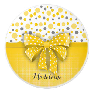 Grey and Yellow Polka Dots, Sunny Yellow Ribbon Ceramic Knob