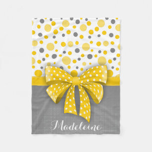 Grey and Yellow Polka Dots, Sunny Yellow Ribbon Fleece Blanket