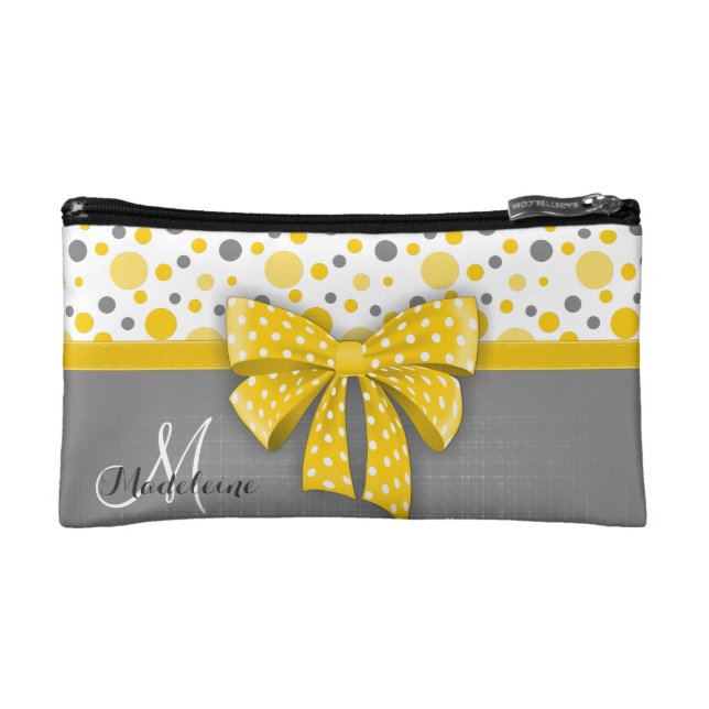Grey and Yellow Polka Dots, Sunny Yellow Ribbon Makeup Bag (Front)
