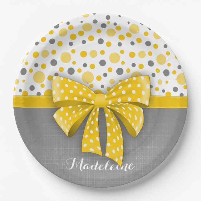 Grey and Yellow Polka Dots, Sunny Yellow Ribbon Paper Plate (Front)