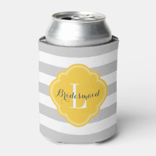 Grey and Yellow Preppy Stripes Monogram Can Cooler