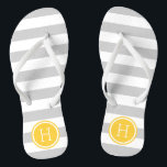Grey and Yellow Preppy Stripes Monogram Flip Flops<br><div class="desc">Custom printed flip flop sandals with a preppy nautical stripe pattern and your custom monogram or other text in a circle frame. Click Customise It to change text fonts and colours or add your own images to create a unique one of a kind design!</div>