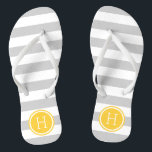 Grey and Yellow Preppy Stripes Monogram Flip Flops<br><div class="desc">Custom printed flip flop sandals with a preppy nautical stripe pattern and your custom monogram or other text in a circle frame. Click Customise It to change text fonts and colours or add your own images to create a unique one of a kind design!</div>