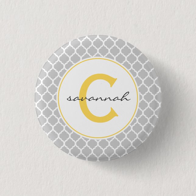 Grey and Yellow Quatrefoil Monogram 3 Cm Round Badge (Front)