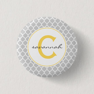 Grey and Yellow Quatrefoil Monogram 3 Cm Round Badge
