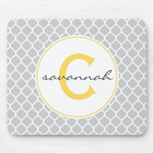 Grey and Yellow Quatrefoil Monogram Mouse Mat