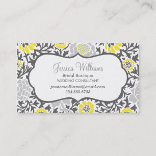 Grey and Yellow Retro Floral Damask Business Card