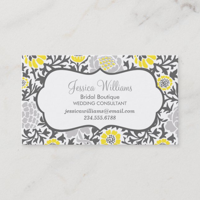 Grey and Yellow Retro Floral Damask Business Card (Front)