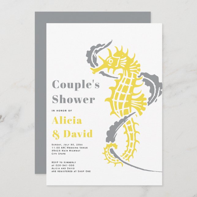 Grey and yellow seahorse beach couples shower invitation (Front/Back)