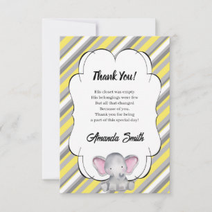 Grey and Yellow Striped Elephant Baby Shower Thank You Card