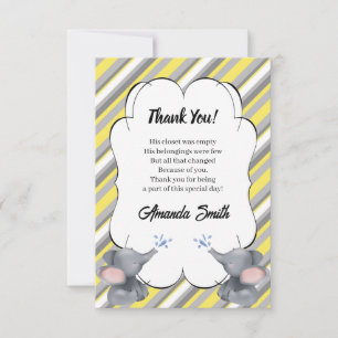 Grey and Yellow Striped Elephant Baby Shower Thank You Card