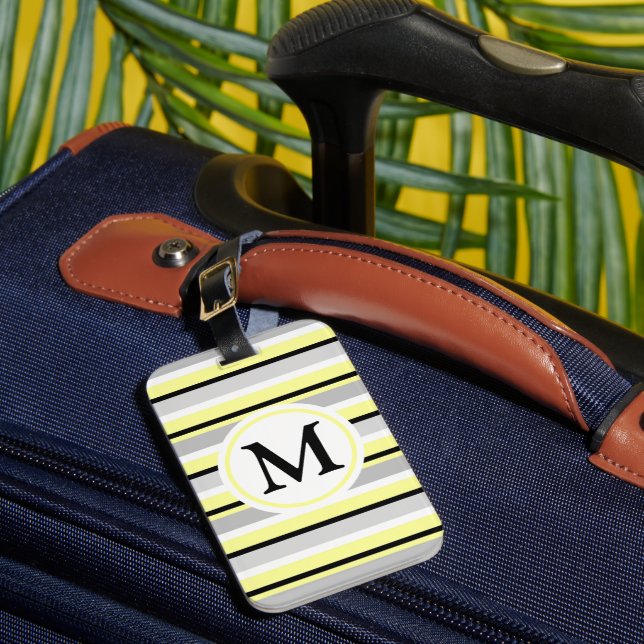 Grey and Yellow Stripes Monogram Luggage Tag (Front Insitu 1)