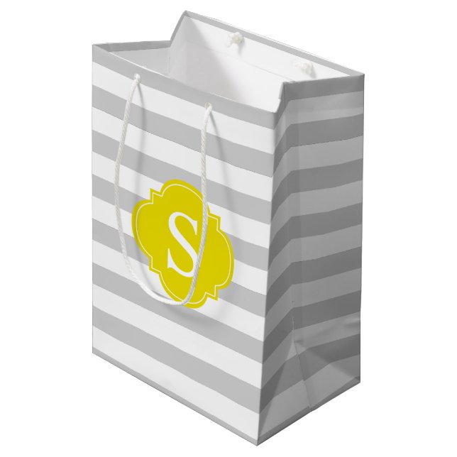 Grey and Yellow Stripes Pattern and Monogram Medium Gift Bag (Front Angled)