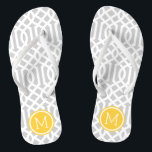 Grey and Yellow Trellis Monogram Flip Flops<br><div class="desc">Custom printed flip flop sandals with a stylish modern trellis pattern and your custom monogram or other text in a circle frame. Click Customise It to change text fonts and colours or add your own images to create a unique one of a kind design!</div>