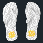 Grey and Yellow Trellis Monogram Flip Flops<br><div class="desc">Custom printed flip flop sandals with a stylish modern trellis pattern and your custom monogram or other text in a circle frame. Click Customise It to change text fonts and colours or add your own images to create a unique one of a kind design!</div>