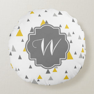 Grey And Yellow Triangles Modern Pattern Round Cushion