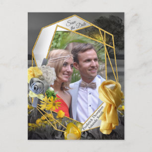 Grey and yellow tulips, daisies with a sunset announcement postcard