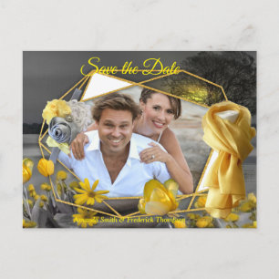 Grey and yellow tulips, daisies with a sunset announcement postcard