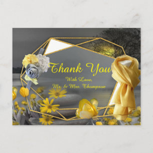 Grey and yellow tulips, daisies with a sunset announcement postcard