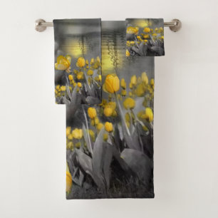 Grey and yellow tulips, daisies with a sunset bath towel set
