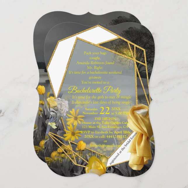 Grey and yellow tulips, daisies with a sunset invitation (Front/Back)