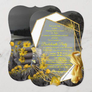 Grey and yellow tulips, daisies with a sunset invitation
