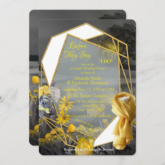 Grey and yellow tulips, daisies with a sunset invitation (Front/Back)
