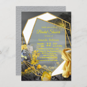 Grey and yellow tulips, daisies with a sunset invitation