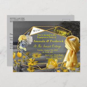 Grey and yellow tulips, daisies with a sunset invitation postcard