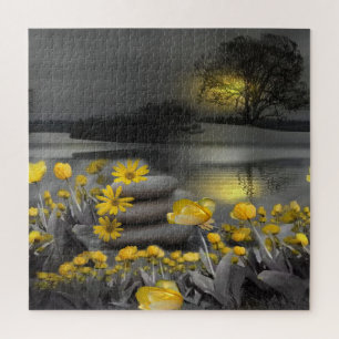 Grey and yellow tulips, daisies with a sunset jigsaw puzzle