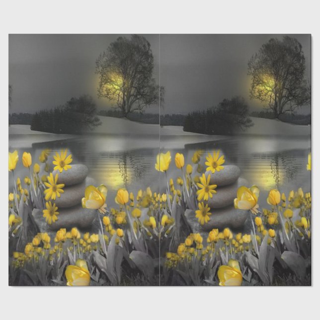 Grey and yellow tulips, daisies with a sunset wrapping paper (Seam)