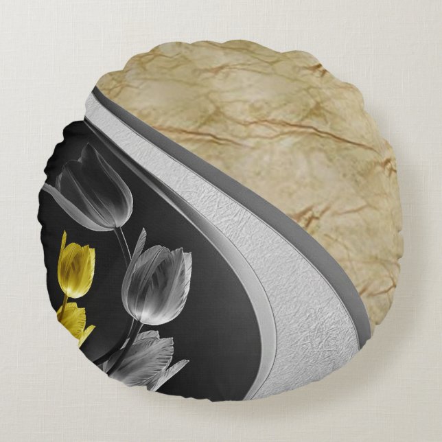Grey and yellow tulips flower 2021 colours round cushion (Front)