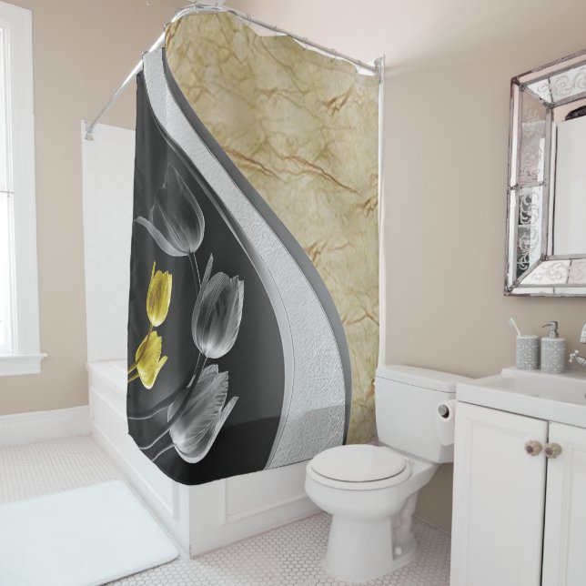 Grey and yellow tulips flower 2021 colours shower curtain (In Situ)
