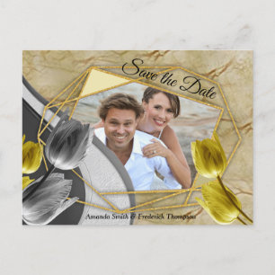 Grey and Yellow tulips on texture. Announcement Postcard