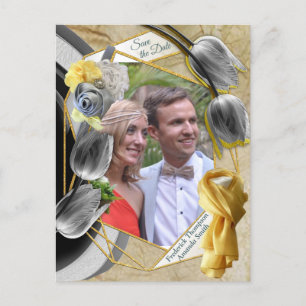 Grey and Yellow tulips on texture. Announcement Postcard