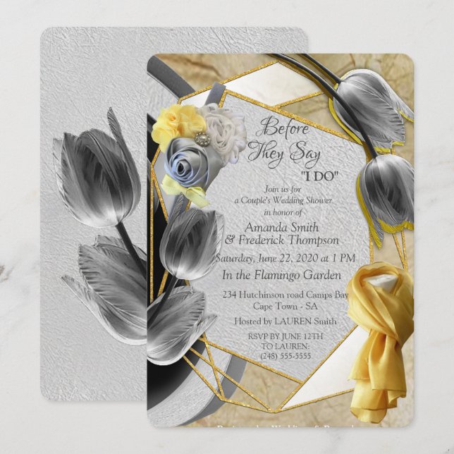 Grey and Yellow tulips on texture Invitation (Front/Back)