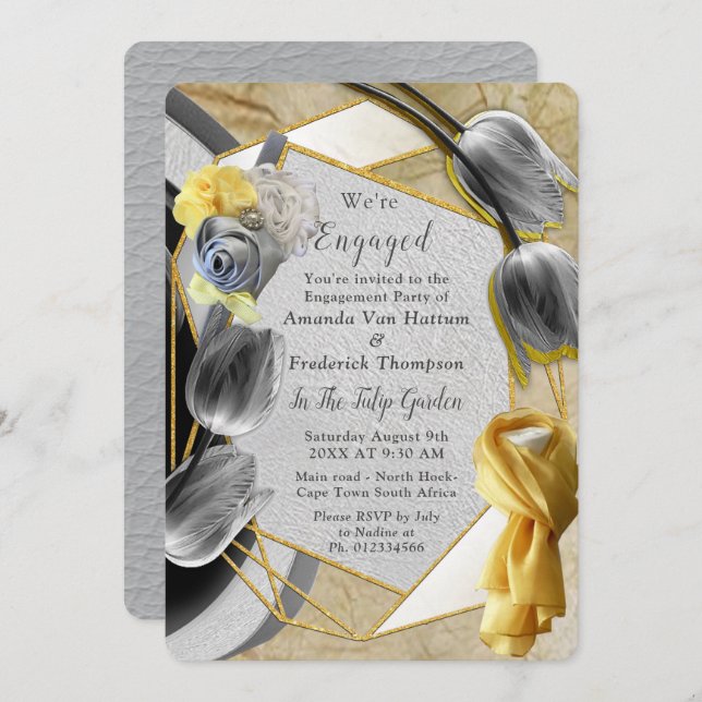 Grey and Yellow tulips on texture. Invitation (Front/Back)