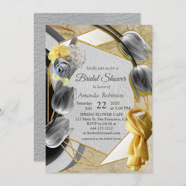 Grey and Yellow tulips on texture Invitation (Front/Back)