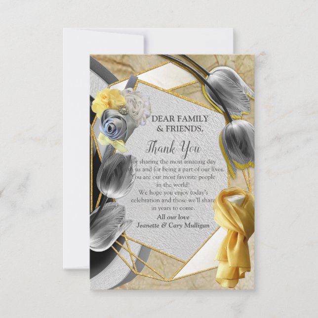 Grey and Yellow tulips on texture RSVP Card (Front)
